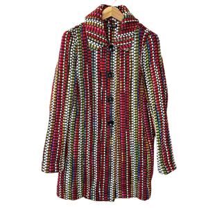 BOHO CHIC Multicolor Rainbow Yarn Embroidered Stripe Unlined Long Coat Size M